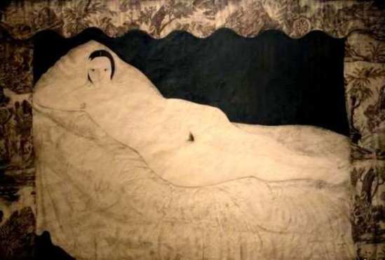 Tsuguharu Foujita . Nu couché à la toile de jouy 1922. Modèle Kiki de Montparnasse
