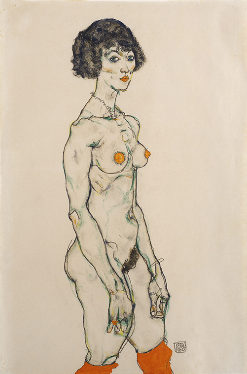 Egon Schiele. Standing nude in orange stockings 1914