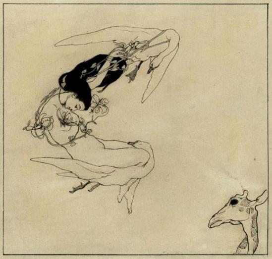 Max Klinger. Illustration zu Sakuntulla (eine nackte Frau wird von zwei Schwänen durch die Luft gezogen)